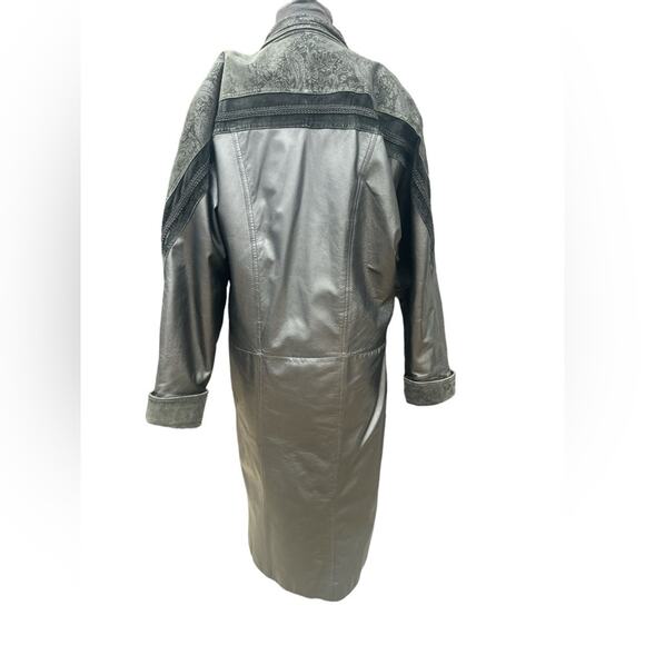 Vtg Leather Double Breasted Brocade Trim Drop Waist Oversized Midi Coat Women SP - Picture 5 of 10